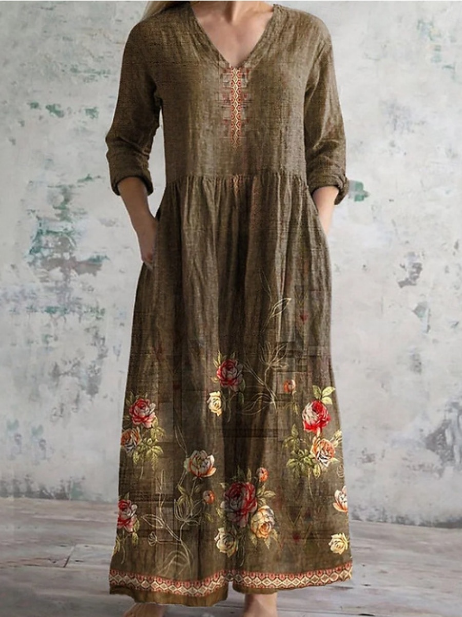 Damen Langes Kleid Maxikleid Freizeitkleid Sommerkleid Boho-Kleid Mode Urlaub Täglich Wochenende Normale Passform Blumen Langarm V Ausschnitt wasserblau Blau Dunkelgrün Braun Sommer 2025 - $22.99 –P5