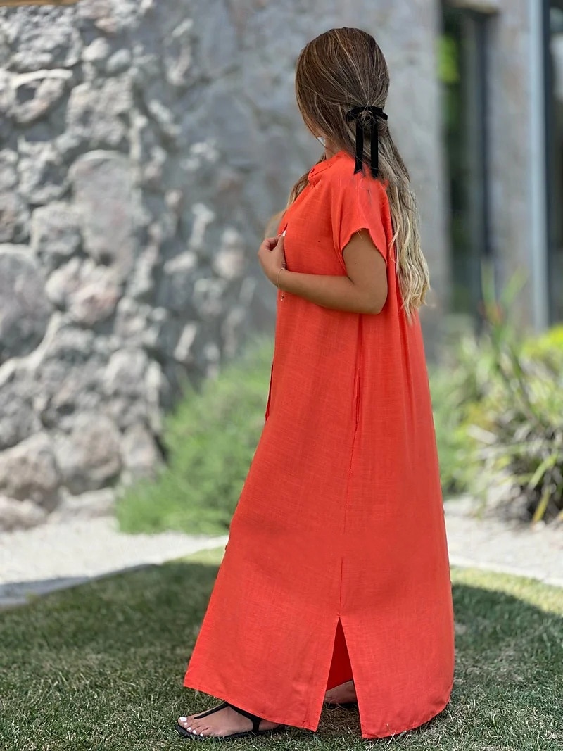 Rochie maximă pentru femei rochie de plajă rochie de vară casual zilnic sărbătorii asemănătoare cu in ajustare regulată simplă cu mânecă scurtă gât înalt roz albastru portocalie verde vară 2025 - $36.99 –P2