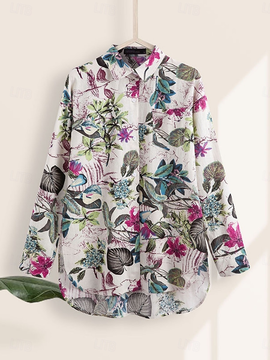 Per donna Camicia Floreale Elegante Moderno Casual Manica Lunga Collo a V Top Regolari Quotidiano Stampato Blu marino Viola Cachi Estate del 2025 a $22.99 –P8