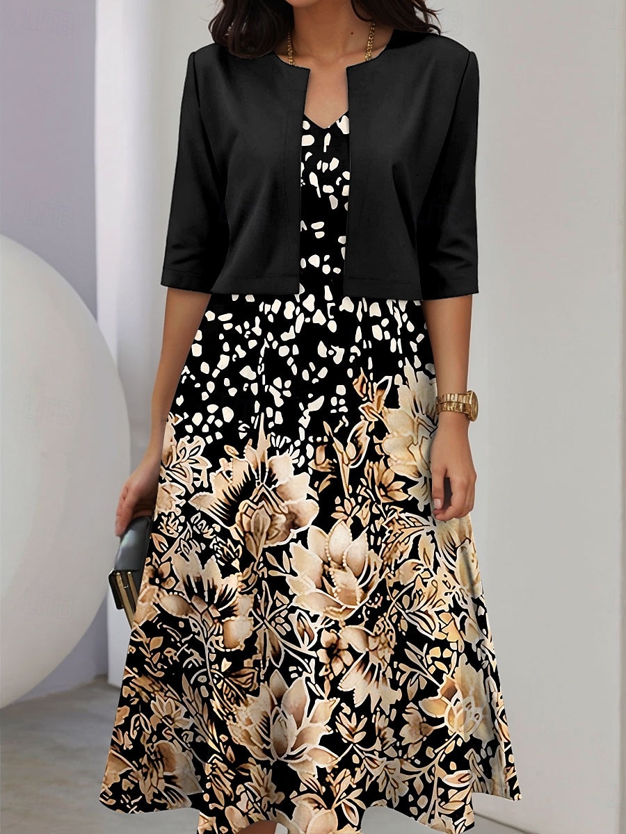 Ensemble de robes femme robe midi robe en A robe d'été robe de fête semi-formelle impression graphique florale à demi-manches en V invité de mariage quotidien or été printemps coupe régulier de 2025 ? $36.99 –P1