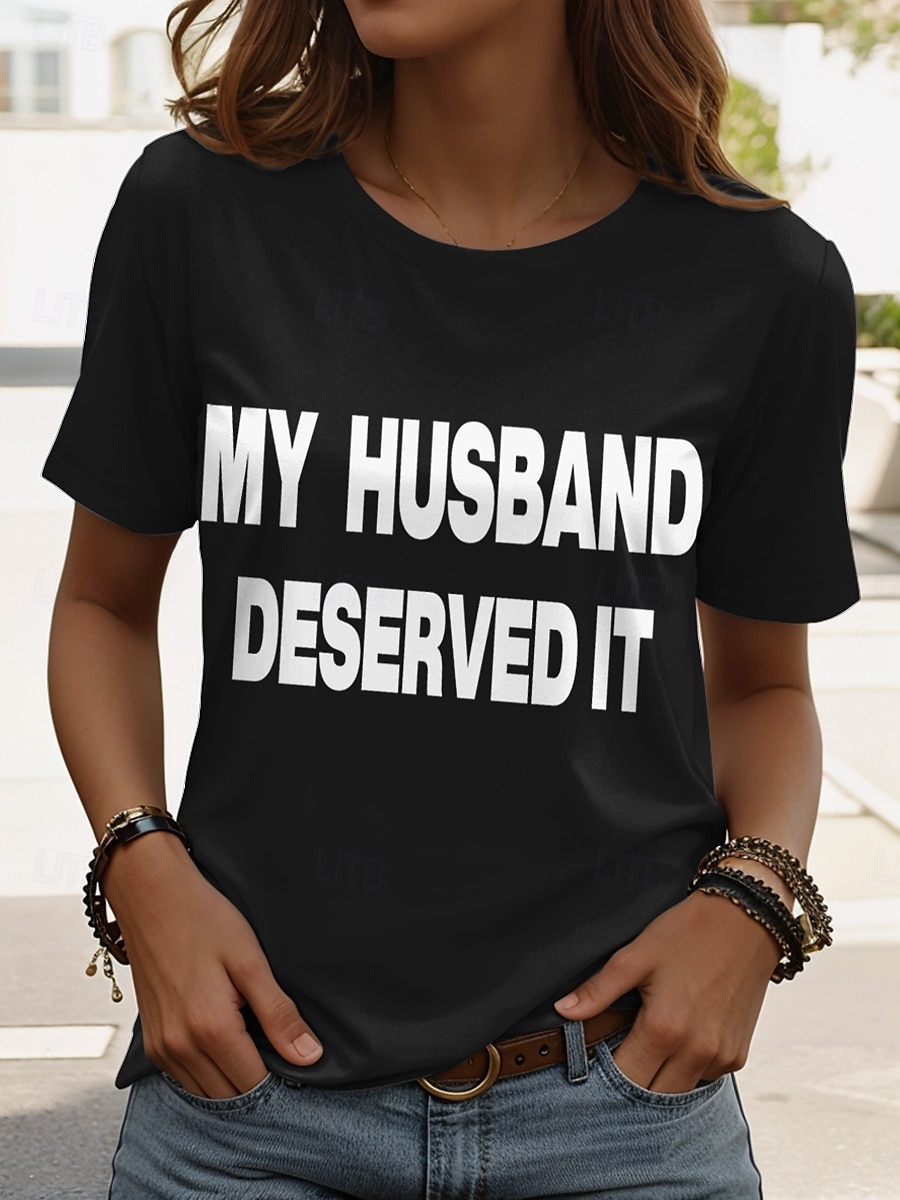 Women's T Shirt Graphic Letter Vintage Stylish Classic Short Sleeve Crew Neck Regular Tops Daily Weekend Print Black White Army Green Red Blue Summer Spring Ridicule Husband 2025 - $19.99 –P5