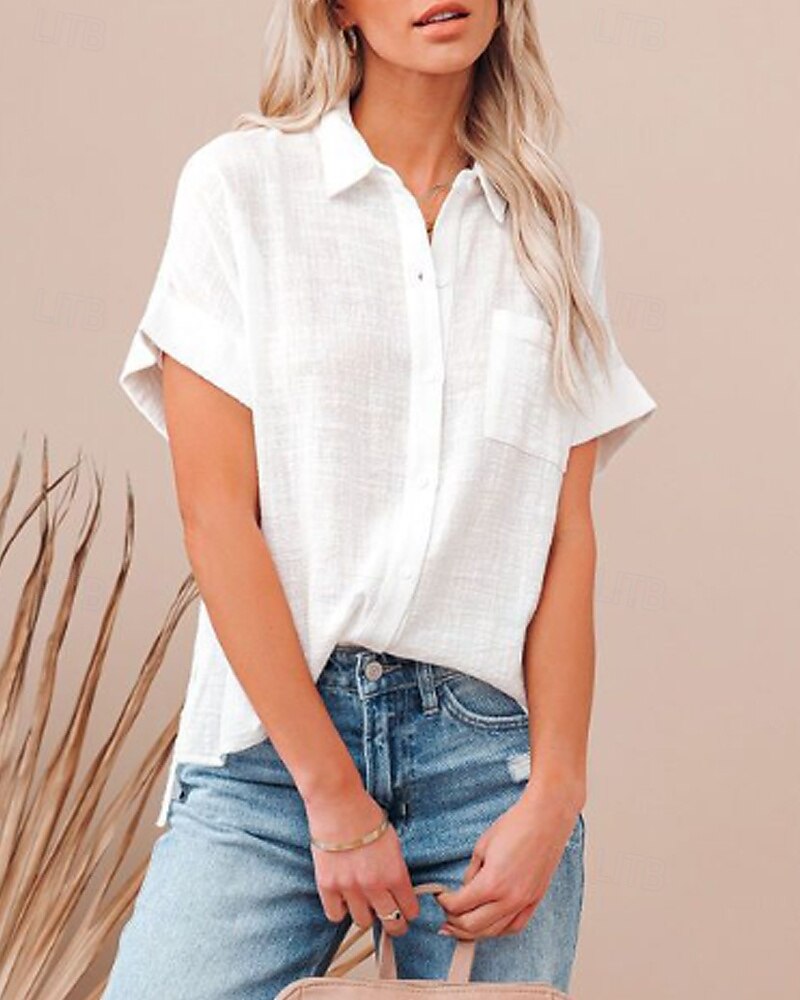 Per donna Camicie di cotone e lino Blusa Semplice Moderno Casual Manica Corta Colletto a Camicia Top Regolari Ferie Uscire Bottoni Tasca Nero Bianco Rosa Estate del 2025 a $24.99 –P2