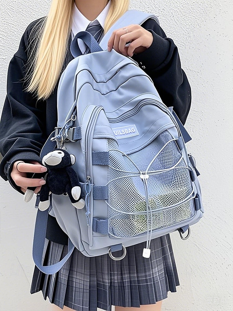 Unisex School Backpack with Monkey Keychain – Durable Red Travel Bookbag with Mesh Front Pocket and Bungee Cord for Teens and Students 2025 - $29.99 –P1