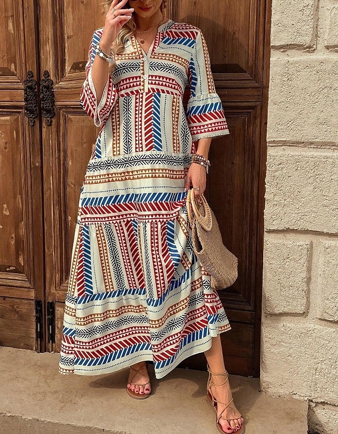 Dame Maxikjole Solkjole Kjole med A-linje Fit And Flare Dress Ferie Fritid Bohem utendørs Fest Ut på byen Normal Grafisk Geometrisk Stamme Ermeløs V-hals Rød Blå Grønn Sommer Vår 2025 - $36.99 –P3