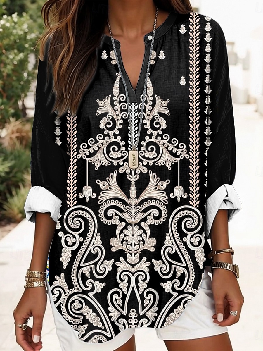 Γυναικείο Τοπ Μπλούζα Λινάρενο Ανάλαφρο Ελαφρύ Τουνίκ V Πλευρό Μακριά Μανίκια Μποχό Καθημερινό Λουλούδι Γραφικό Βιντάζ Τροπικό Κανονικά Τοπ Καθημερινά Ρούχα Διακοπών Τύπωμα Μαύρο Μπλέ Χακί 2026 - $32.99 –P6