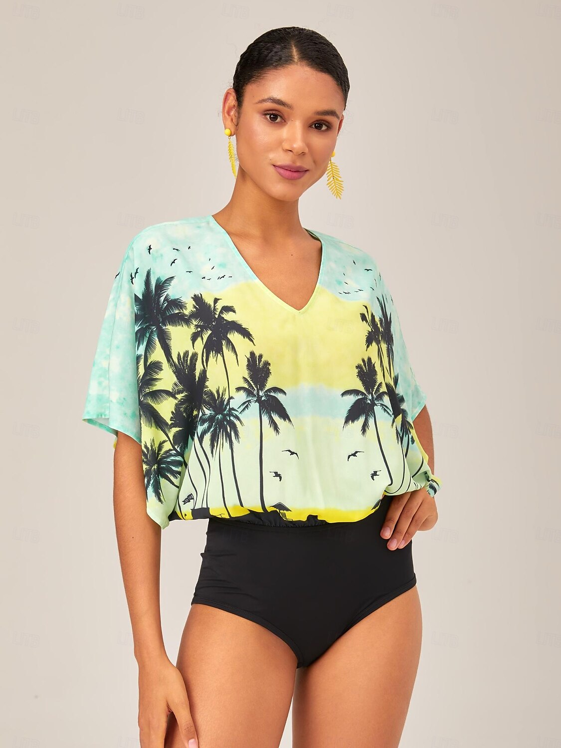 casual strandbodysuit met palmboomprint en vakantiestijl 2025 - $41.99 –P7