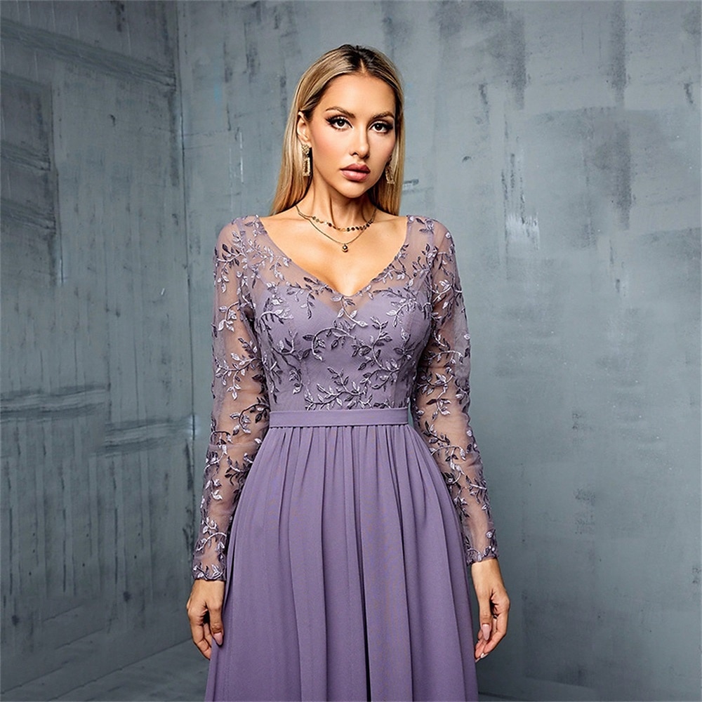 A-Lijn Quinceanera Jurken Elegante Jurk Bruiloft Bruiloft Gast Vloerlengte Lange Mouw V-hals Chiffon met Plissé 2025 - $99.99 –P5