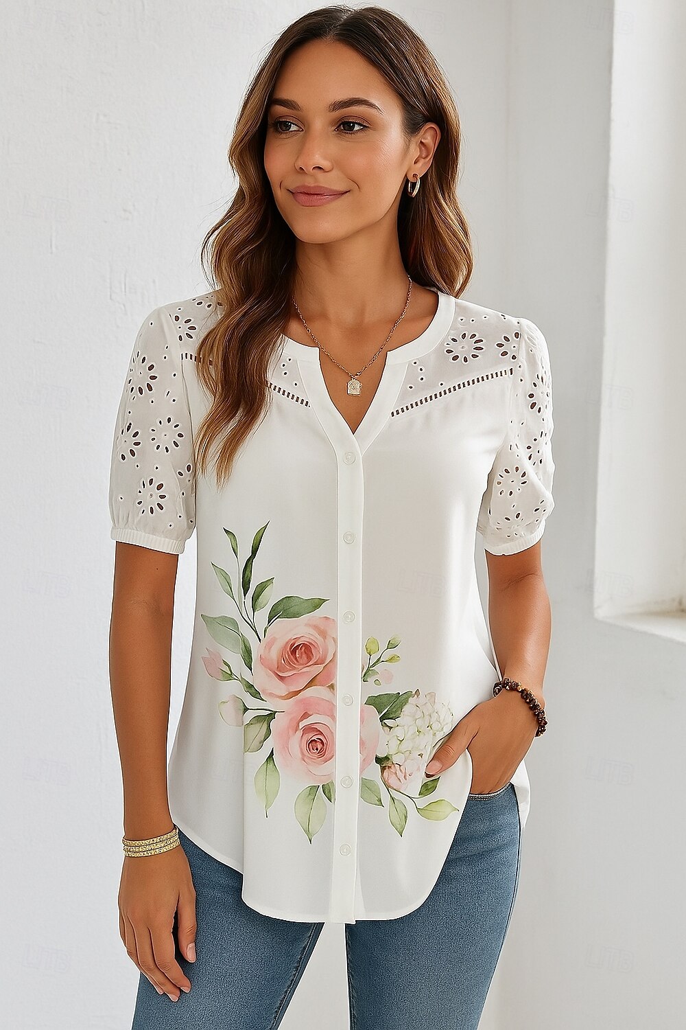 Damen Hemd Knopfleiste Blumen Stilvoll Modern Kurzarm V Ausschnitt Normale Oberteile Täglich Ferien Patchwork Knöpfe Druck Weiß Sommer 2025 - $26.99 –P1