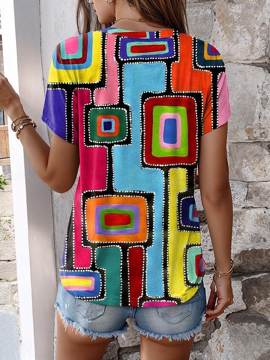 Women's T Shirt Graphic Geometric Stylish Casual Short Sleeve V Neck Regular Tops Daily Print Rainbow Summer Spring 2025 - $27.99 –P2