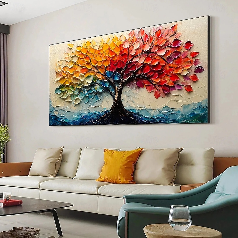 Peintures à l'huile peintes à la main, paysage de montagne, peinture à l'huile sur toile, arbres texturés faits à la main en automne, prairie jaune, peinture acrylique, paysage fluvial, art mural de 2025 ? $82.99 –P6