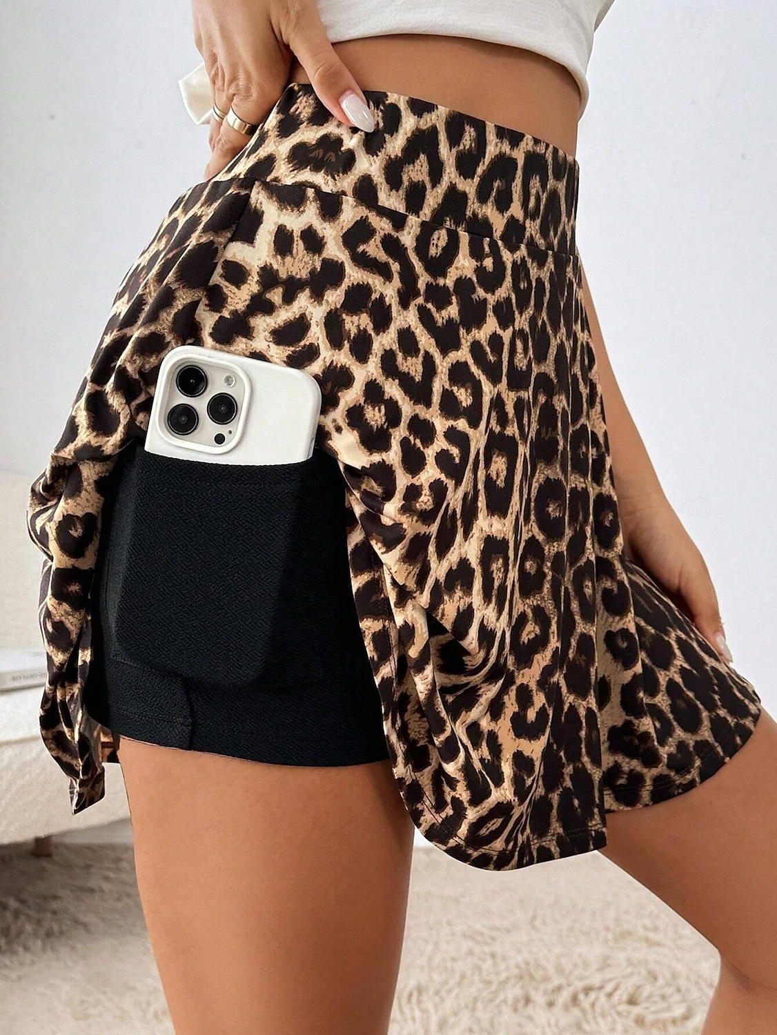 Fustă scurtă pentru femei culotte modă subțire casual fuste mini cu talie înaltă grafic leopard stratificată elastică zilnică maro vară poliester 2025 - $19.99 –P3