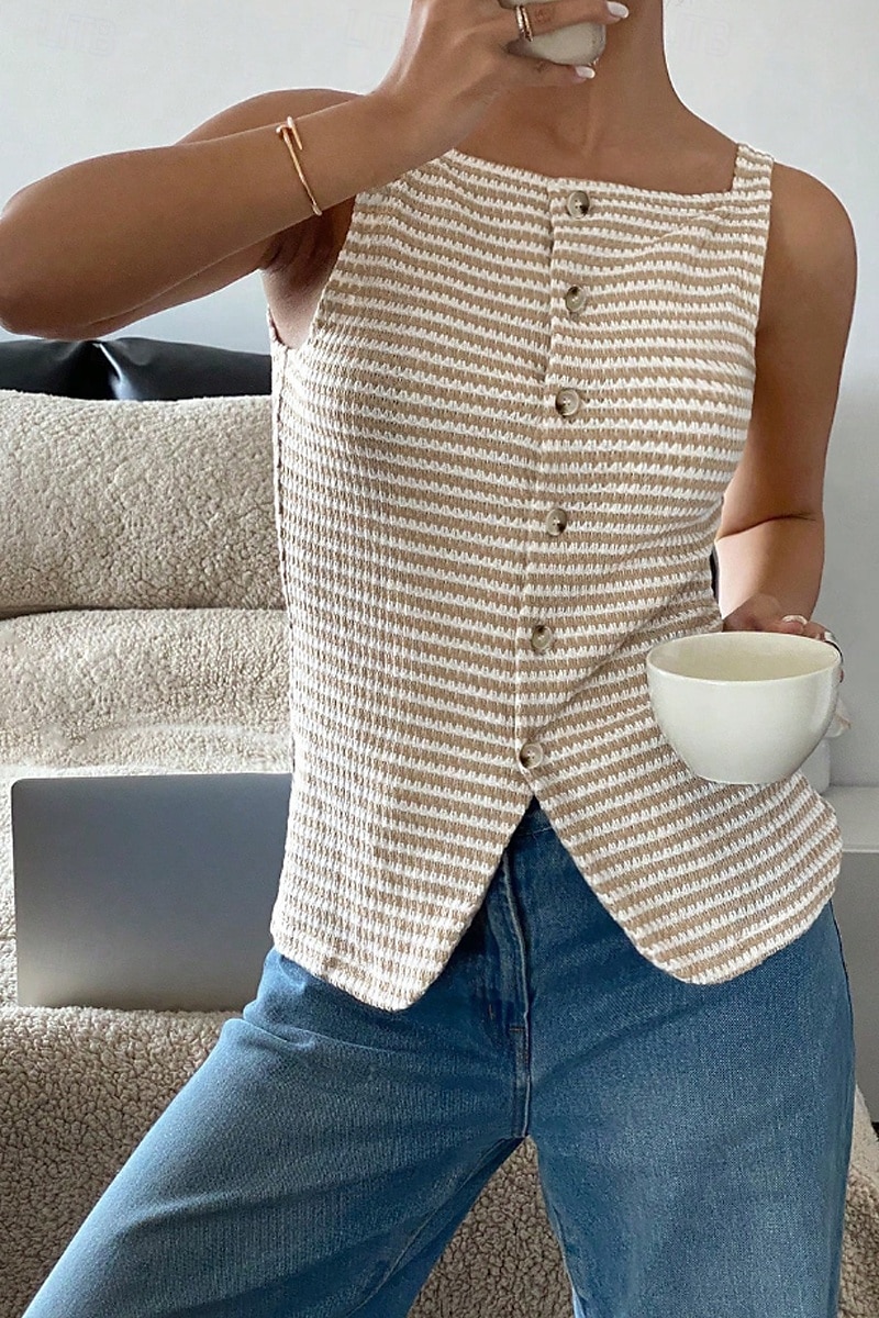Femmes Chemisier Débardeur caraco Rayé Moderne Occasionnel Sans manches Bretelle Hauts Réguliers Quotidien Sortir Boutons Noir Abricot Été de 2025 ? $17.99 –P8