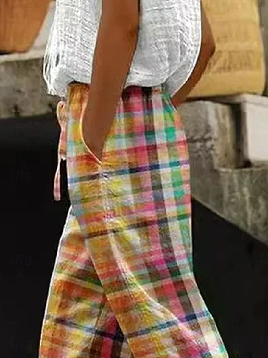 Women's Cotton Linen Pants Baggy Pants Linen Like Beach Shorts Vacation Vintage Fashion Full Length High Waist Graphic Geometric Plaid Printing Breathable Soft Micro-elastic Vacation Causal 2026 - $49.99 –P2