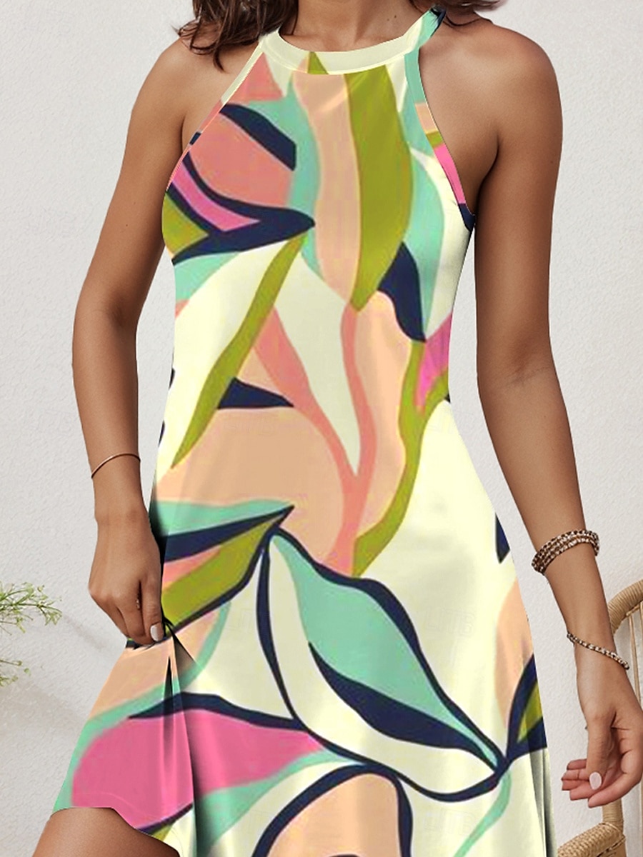 Femmes Mini Robe Robe d'été Vacances Occasionnel Quotidien Coupe régulière Graphique Géométrique Abstrait Sans manches Col Halter Jaune Été de 2025 ? $31.99 –P3