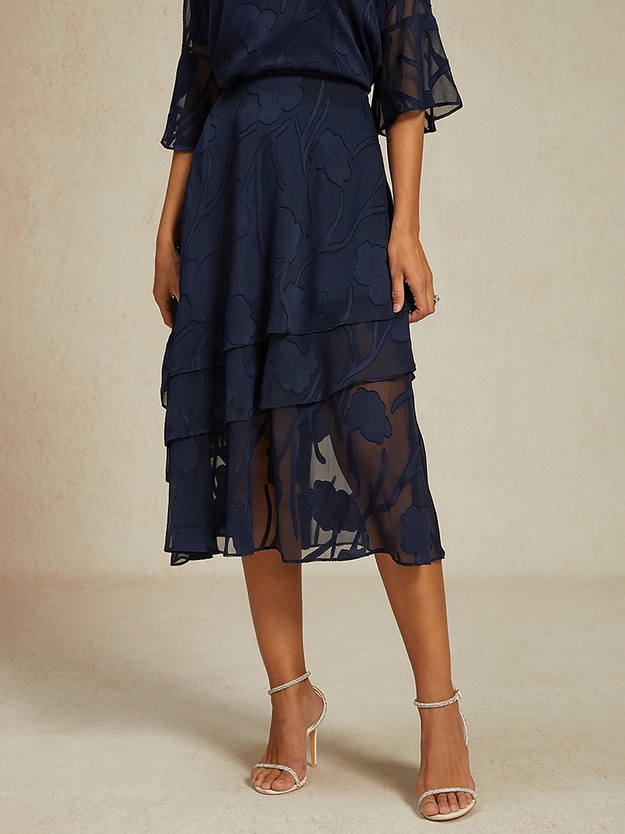 Dame الالتفاف Elegant Midi Medium Midje Skjørt Blomster Multi Layer Uelastisk Fest Avslappet Navyblå Sommer Chiffon 2025 - $56.99 –P5