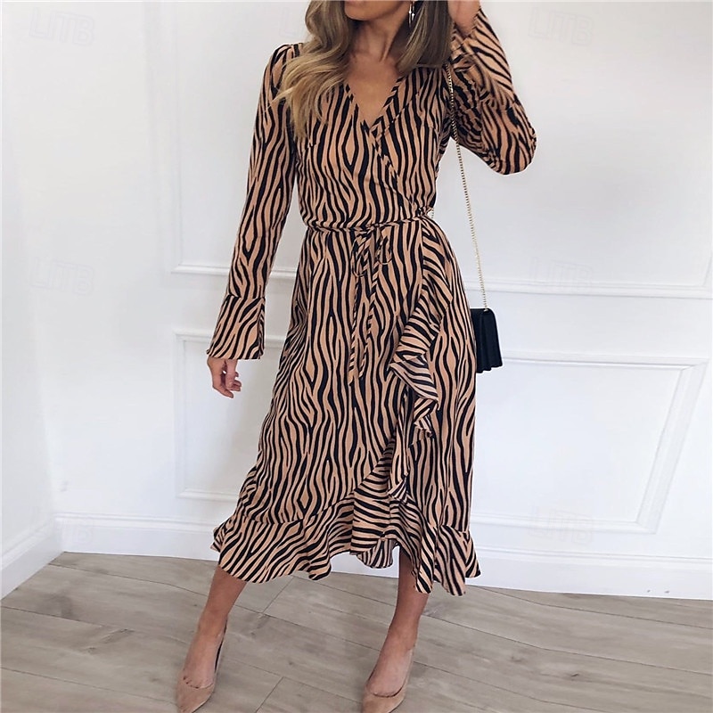 Dámské Midi šaty Bavlněné plátěné šaty Klasické Moderní Venkovní Dovolená Jdeme ven Běžný Leopard Dlouhý rukáv Do V Bílá Khaki Šedá Léto 2025 - $28.99 –P4