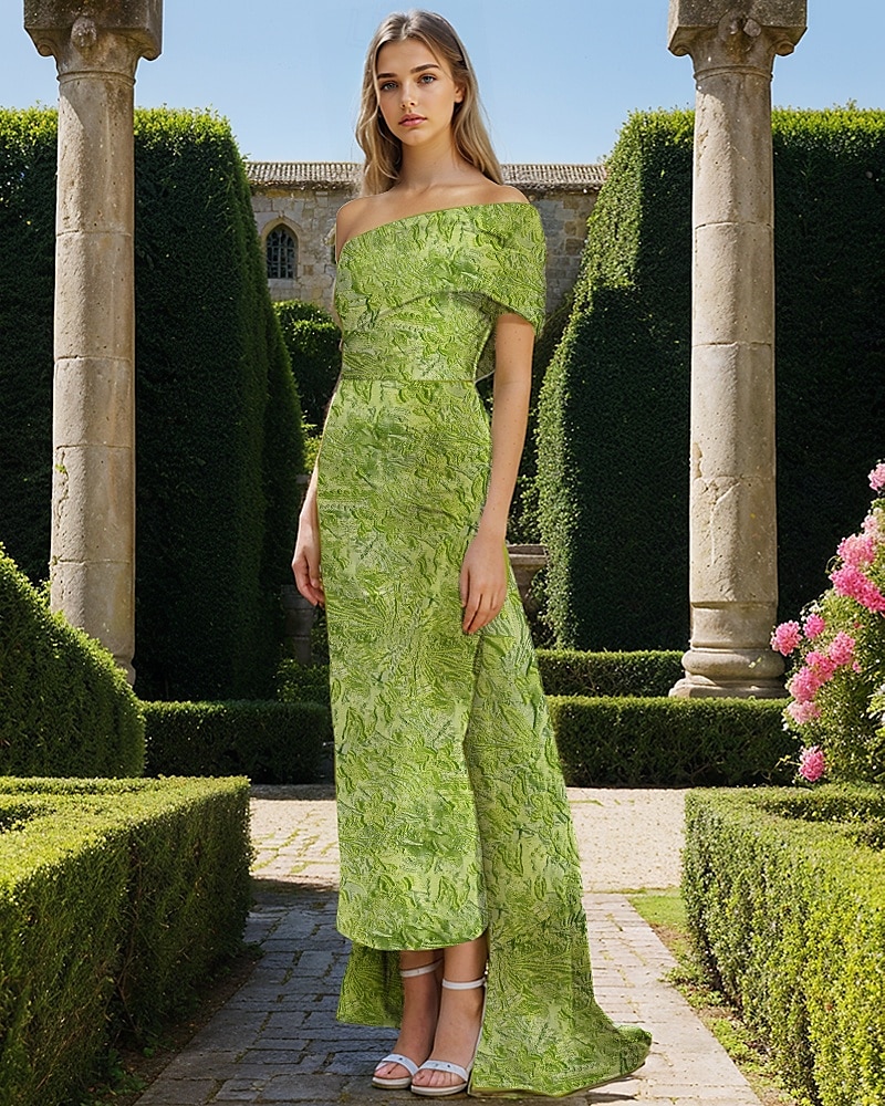 Clover Jacquard Cocktail Dresses Elegant Dress Formal Wedding Guest Tea Length Midi Length Sleeveless Off Shoulder Ruched Detail with Bow(s) Wedding Guest Dress 2025 - $158.99 –P1