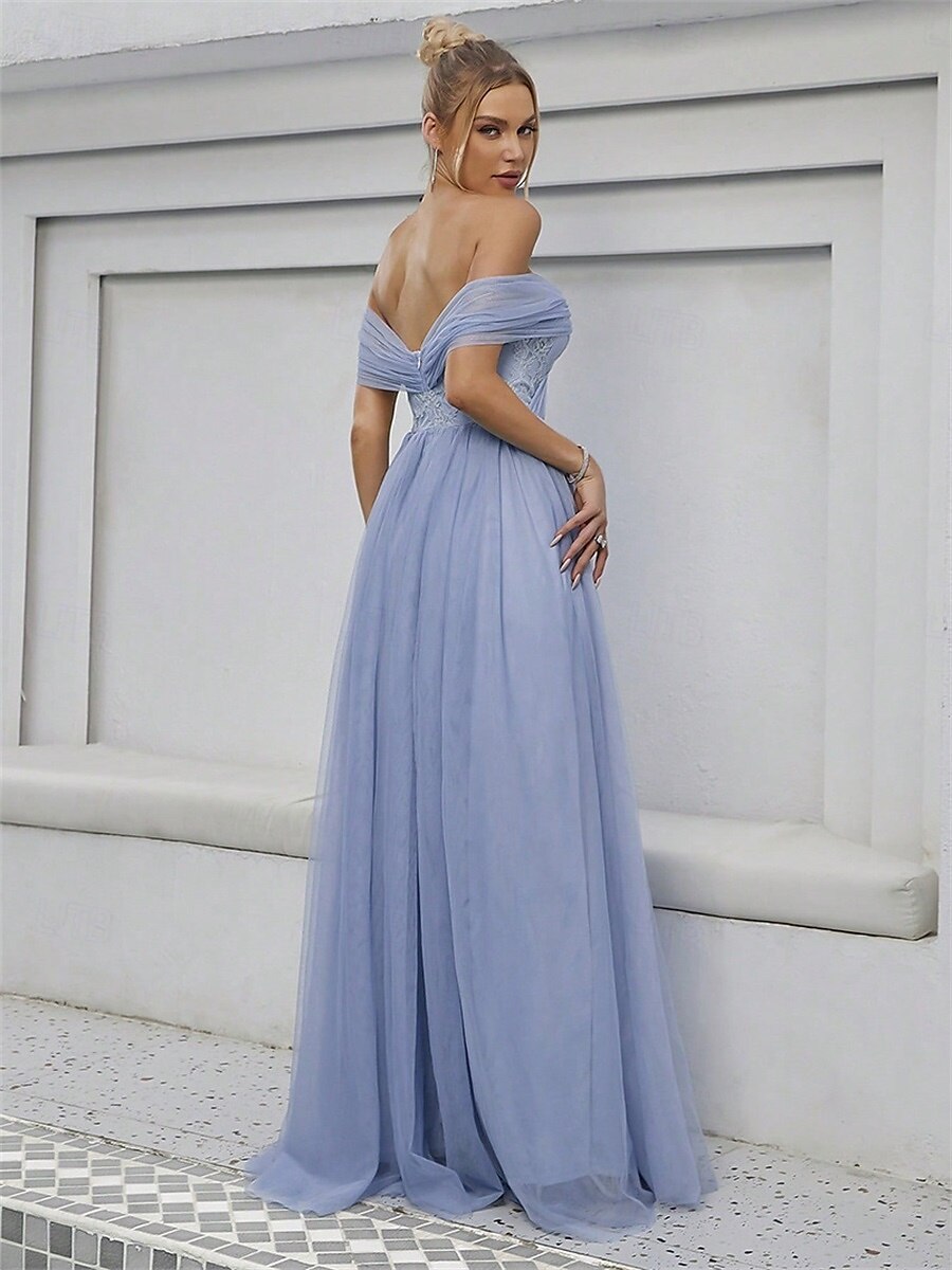 Linha A Vestido de Madrinha Ombro a Ombro Sem Manga Elegante Longo Tule com Cor Única 2022 de 2025 por $86.99 –P4