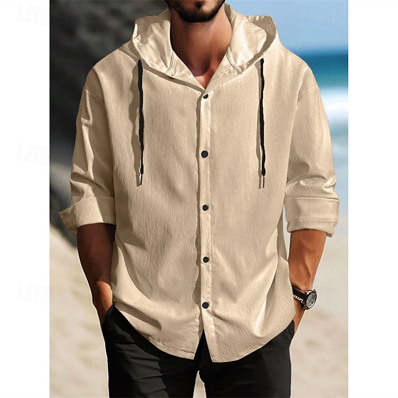 Men's Shirt Summer Shirt Casual Shirt Beach Shirt Button Up Shirt Black White Dark Navy Brown khaki Long Sleeve Plain Hooded Holiday Casual Daily Button-Down Clothing Apparel Polyester Fashion Casual 2025 - $27.99 –P1