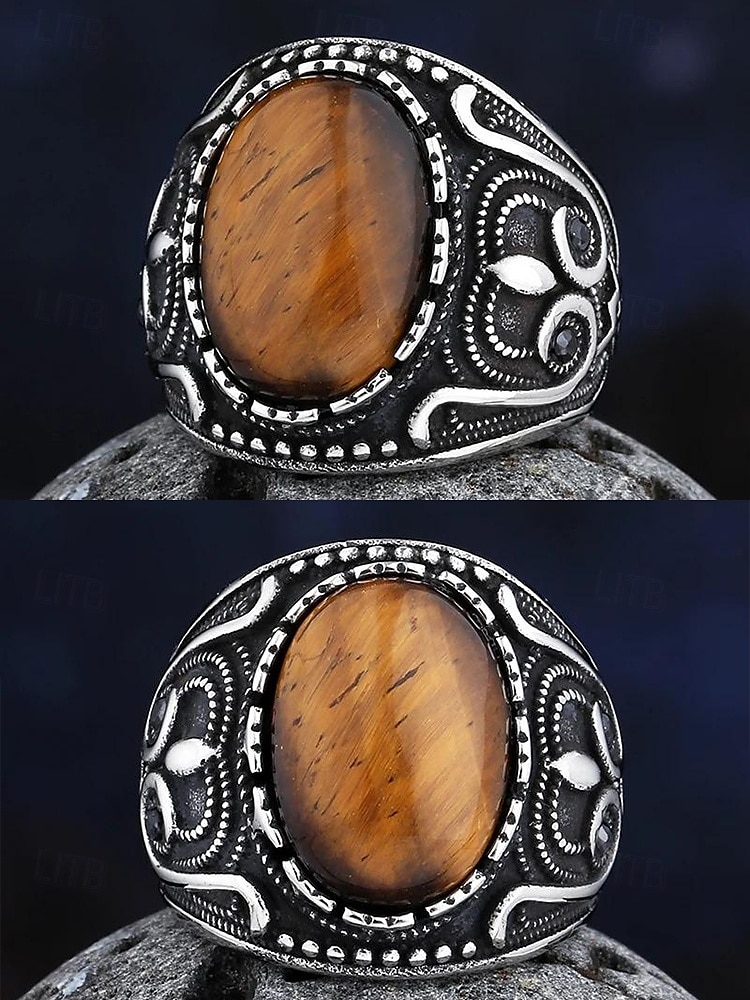 menns vintage tigerøye stein ring i rustfritt stål, antikk sølv tribal design, dristig statement ring, egnet for uformelle og formelle anledninger 2025 - $14.99 –P3