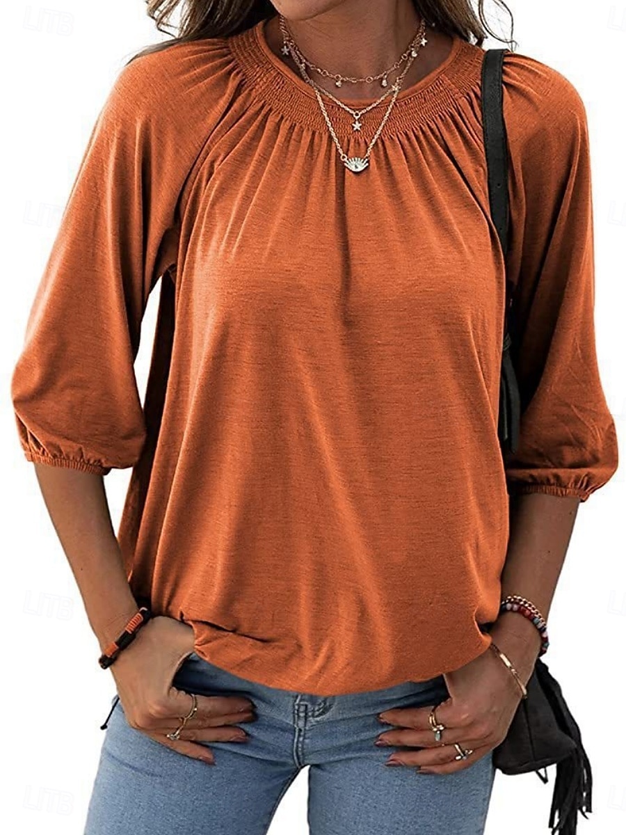 Femmes T-shirt Uni Mode Moderne Manche 3/4 Col ras du cou Hauts Réguliers Quotidien Noir Blanche Rose Claire Vin Vert Véronèse Été de 2025 ? $12.99 –P16