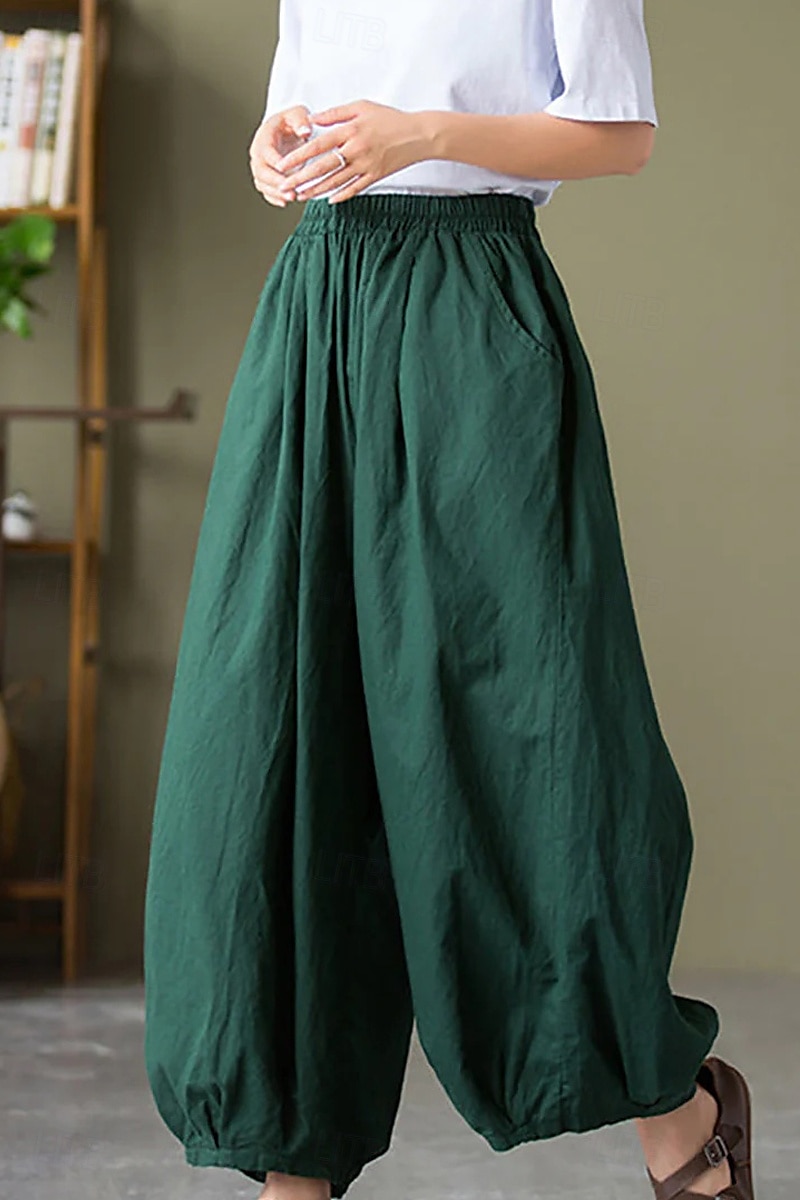 Per donna Pantaloni in cotone e lino Culotte Moda Streetwear Lunghezza intera Naturale Semplice Tasca Elastico in vita Comodo All'aperto Confortevole Vacanza Weekend Marrone rossastro Nero Verde del 2025 a $32.99 –P11