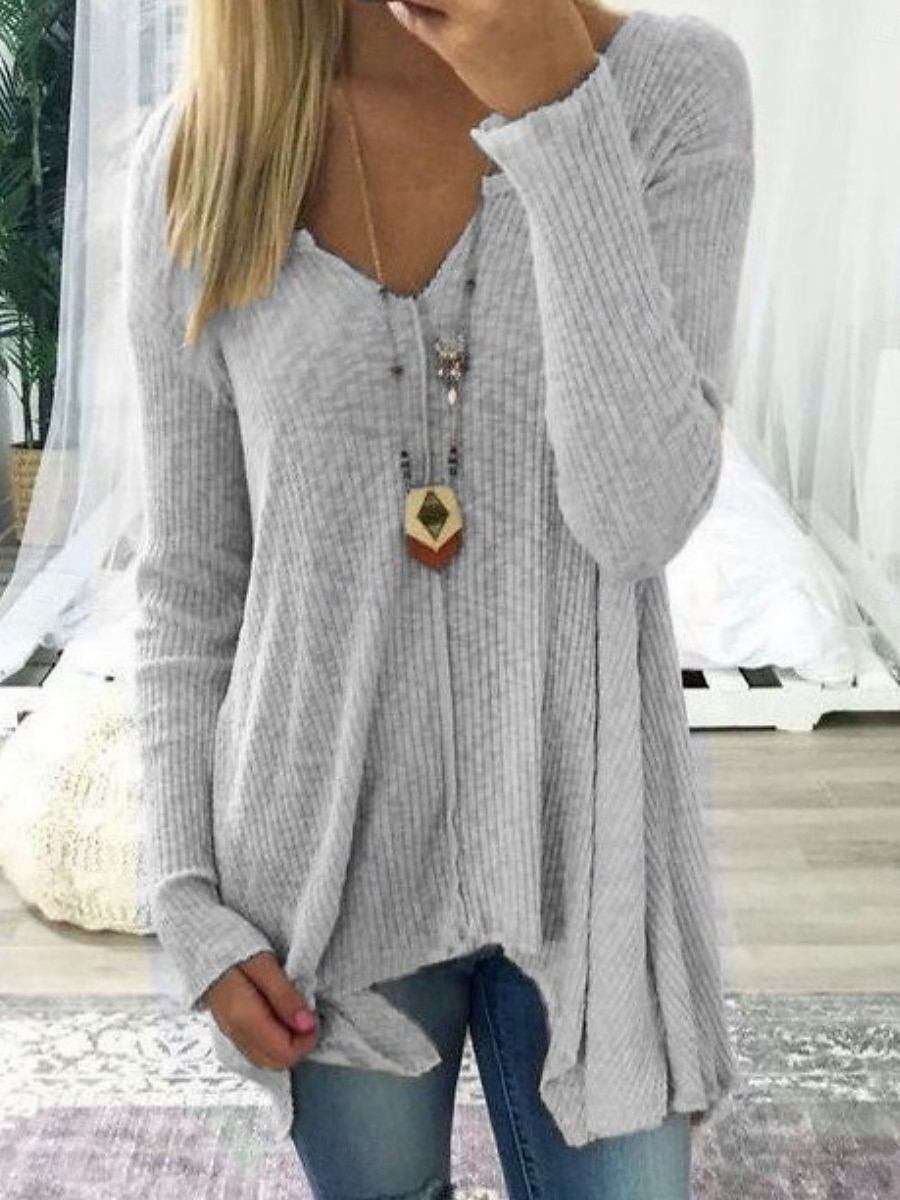 Women's Blouse Solid Color Stylish Casual Long Sleeve V Neck Regular Tops Daily Asymmetric Hem White Pink Khaki Gray Summer Spring 2025 - $16.99 –P6