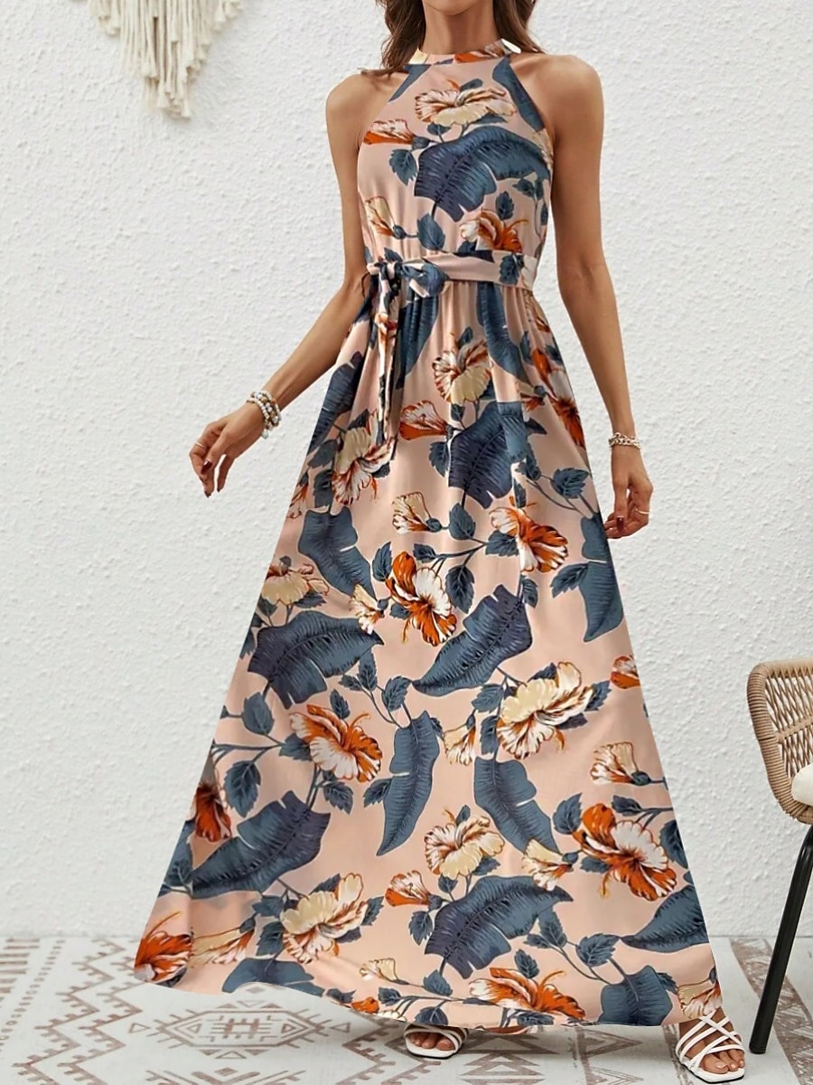 Dam Maxiklänning A linjeklänning Off Shoulder Klänning Semester Ledigt Boho Utomhus Utekväll Normal Grafisk Paisley Ärmlös Halterneck Blå Purpur Brun Aprikos Sommar 2025 - $29.99 –P20