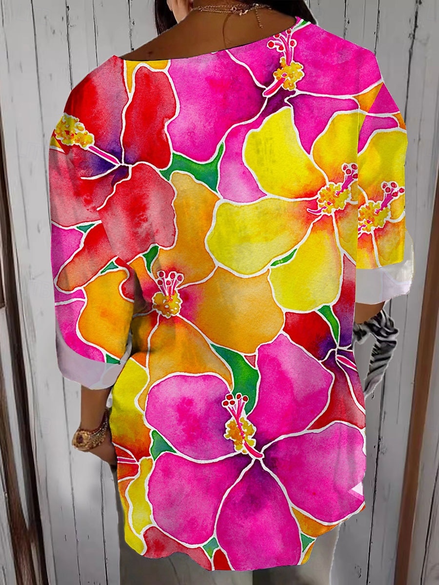 Camicia da donna maniche lunghe scollo a V grafica floreale vintage tropicale hawaiana maniche 3/4 lunghezza collo regolare abbigliamento da spiaggia quotidiano stampa fucsia estate primavera del 2025 a $29.99 –P2