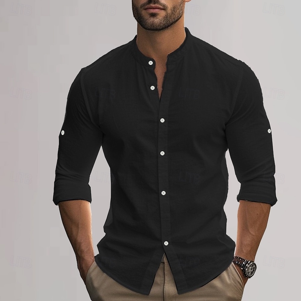 Men's Cotton Linen Shirt Plain Vacation Black White Khaki Dark Gray Long Sleeve Grandad Collar Clothing Apparel 2025 - $25.99 –P12