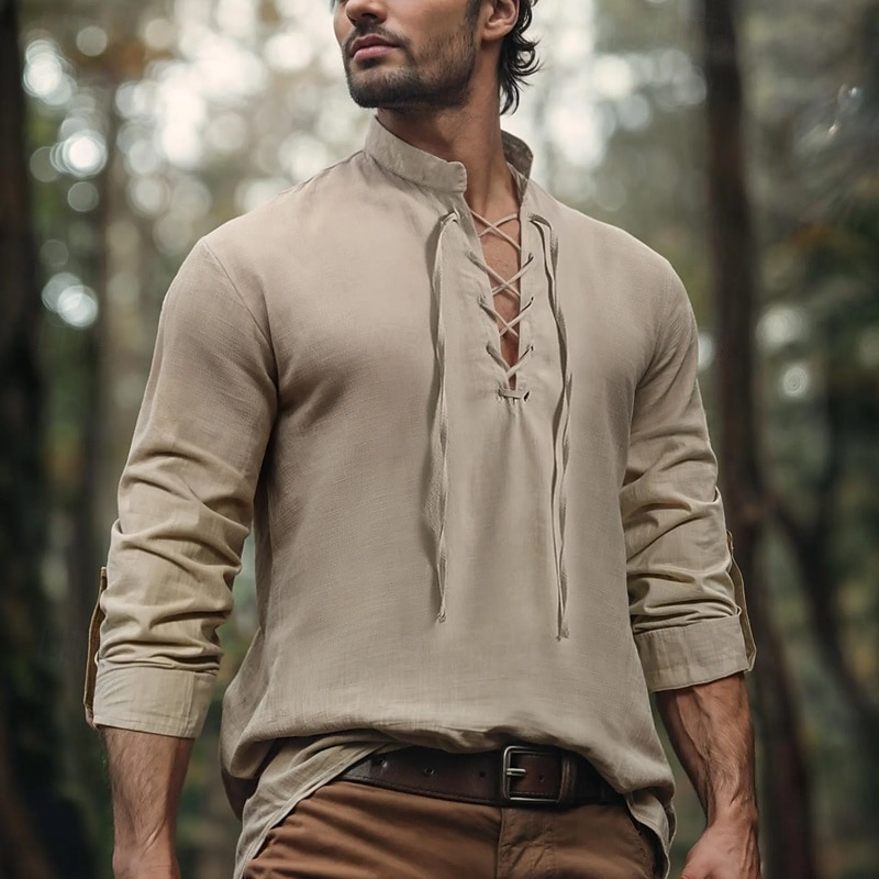 Per uomo Camicia Camicia di lino Stile vichingo Camicia Estiva Abbigliamento da spiaggia Camicia pirata Tinta unica Vacanza Streetwear Nero Blu marino Cachi Manica Lunga Collo alla coreana Estate del 2025 a $21.99 –P4