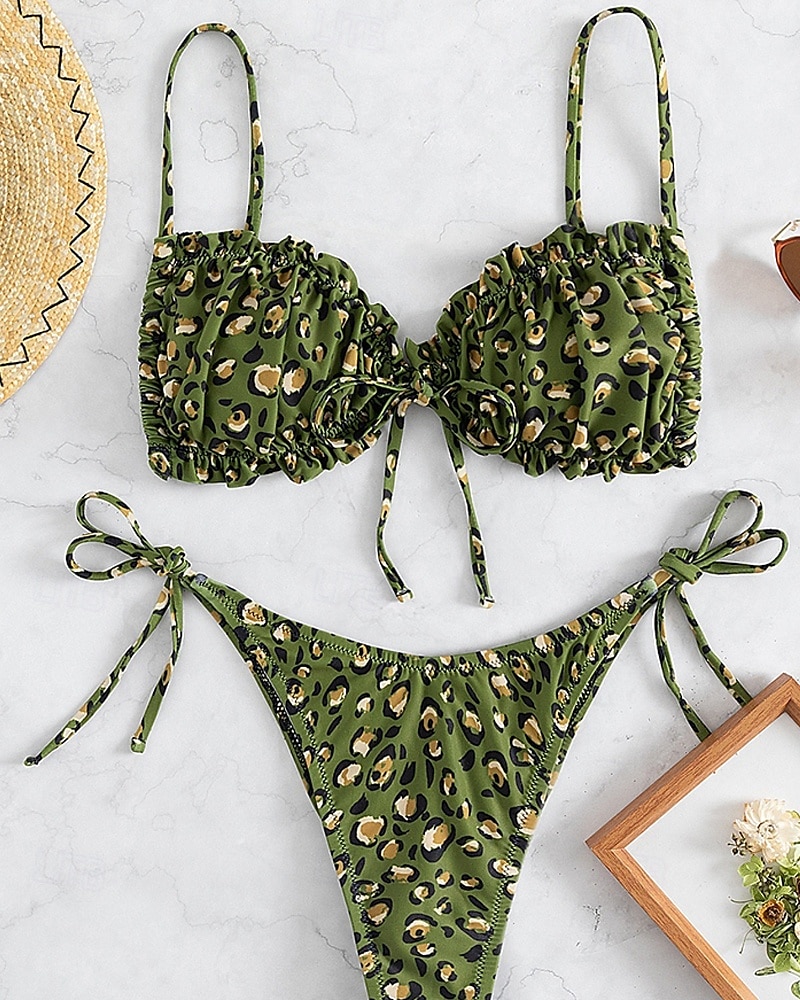 Női Fürdőruha Bikini 2 darab Fürdőruha Nyitott hátú Tropikus Strandruházat Leopárd U-alakú Ujjatlan Fürdőruhák 2025 - $22.99 –P18