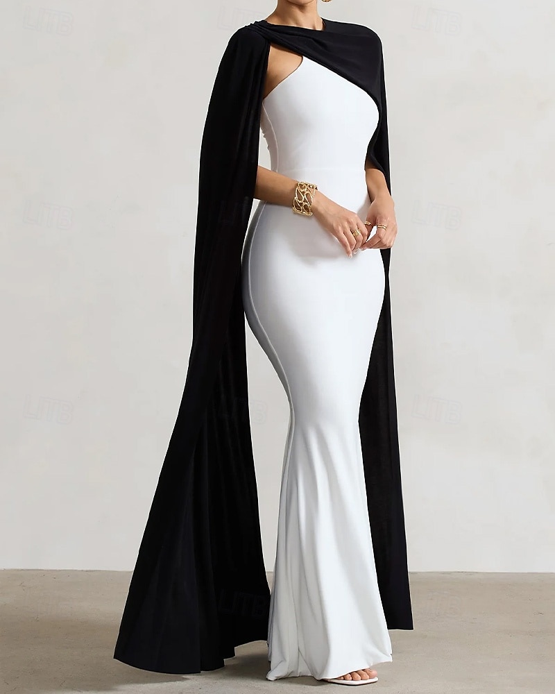Black and White Cape Dress Mermaid / Trumpet Detachable Cape Evening Gown Elegant Dress Semi Formal Wedding Wedding Guest Dress Floor Length Crew Neck Stretch Crepe with Ruched Details 2025 - $148.99 –P1