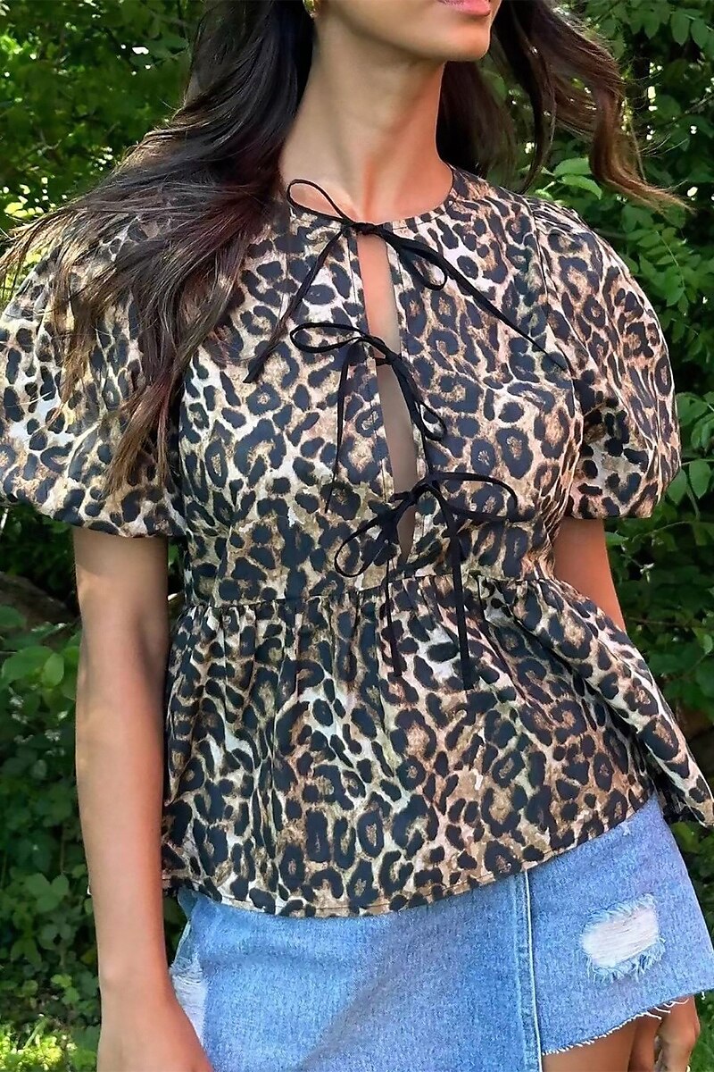 Women's Blouse Leopard Active Modern Short Sleeve Crew Neck Regular Tops Daily Going out Ruched Brown Summer 2025 - $18.49 –P2