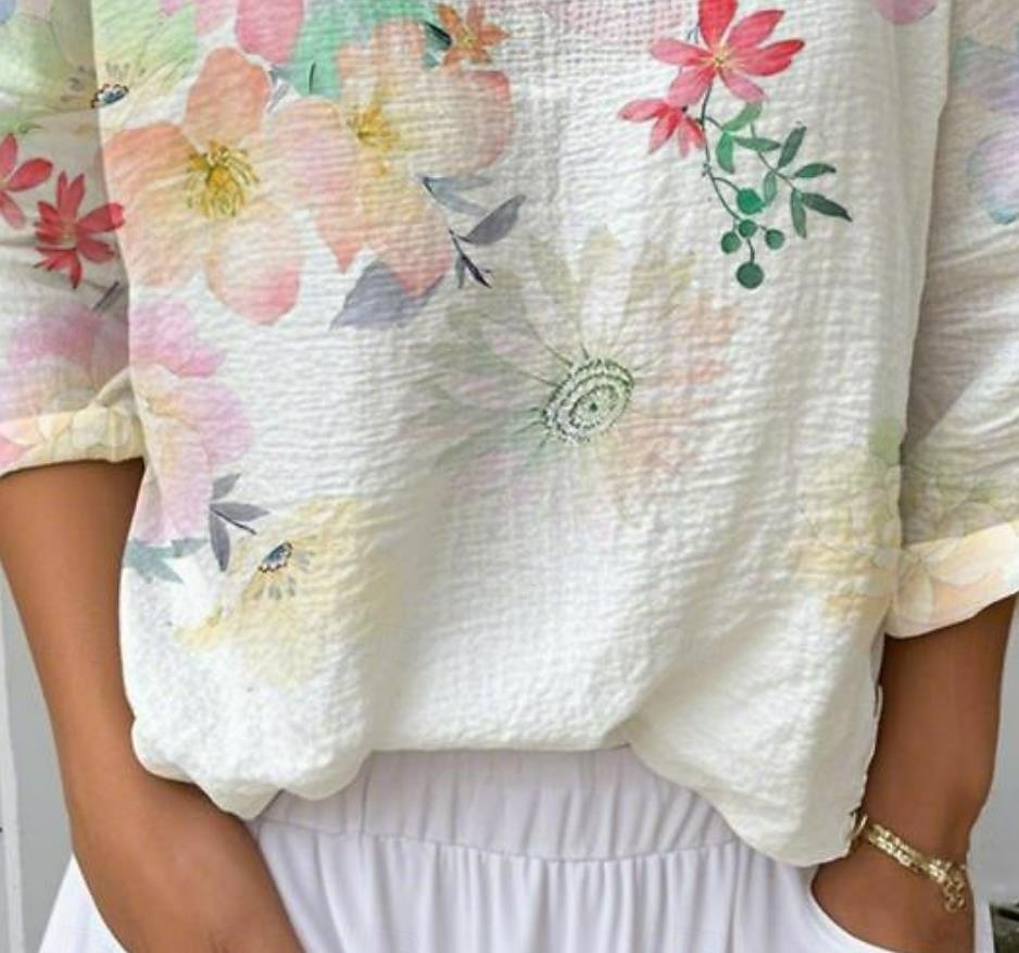 Dame Bluse Blomstret Grafisk Årgang Tropisk Stilfull 3/4 ermer V-hals Vanlige topper Hvit Gul Rosa Blå Grønn Sommer Vår 2025 - $24.99 –P3