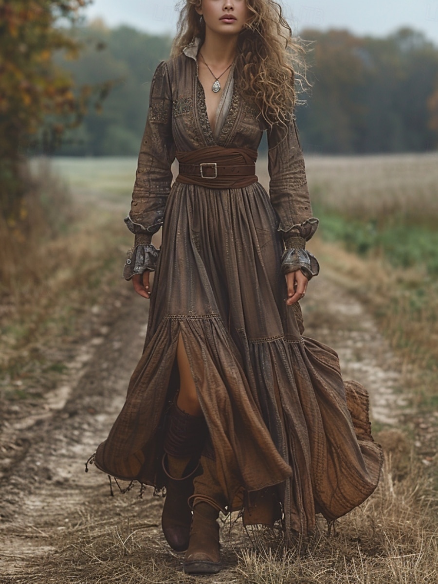 Damskie Długa sukienka sukienka maxi Codzienne sukienki Sukienka rozkloszowana Letnie sukienki Sukienka Boho Zabytkowe Urlop Codzienny Święto Regularny Czyste kolory Długi rękaw W serek Brązowy Lato 2025 - $28.99 –P1
