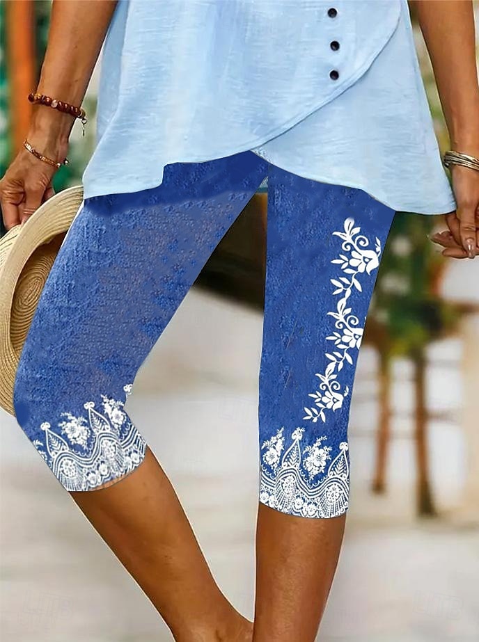 Pantaloni Capri din leggings pentru femei elasticitate ridicată modă vintage de vacanță lungime până la gambe talie mijlocie imprimare florală grafică respirabil moale vacanță casual zilnic albastru 2025 - $18.99 –P2