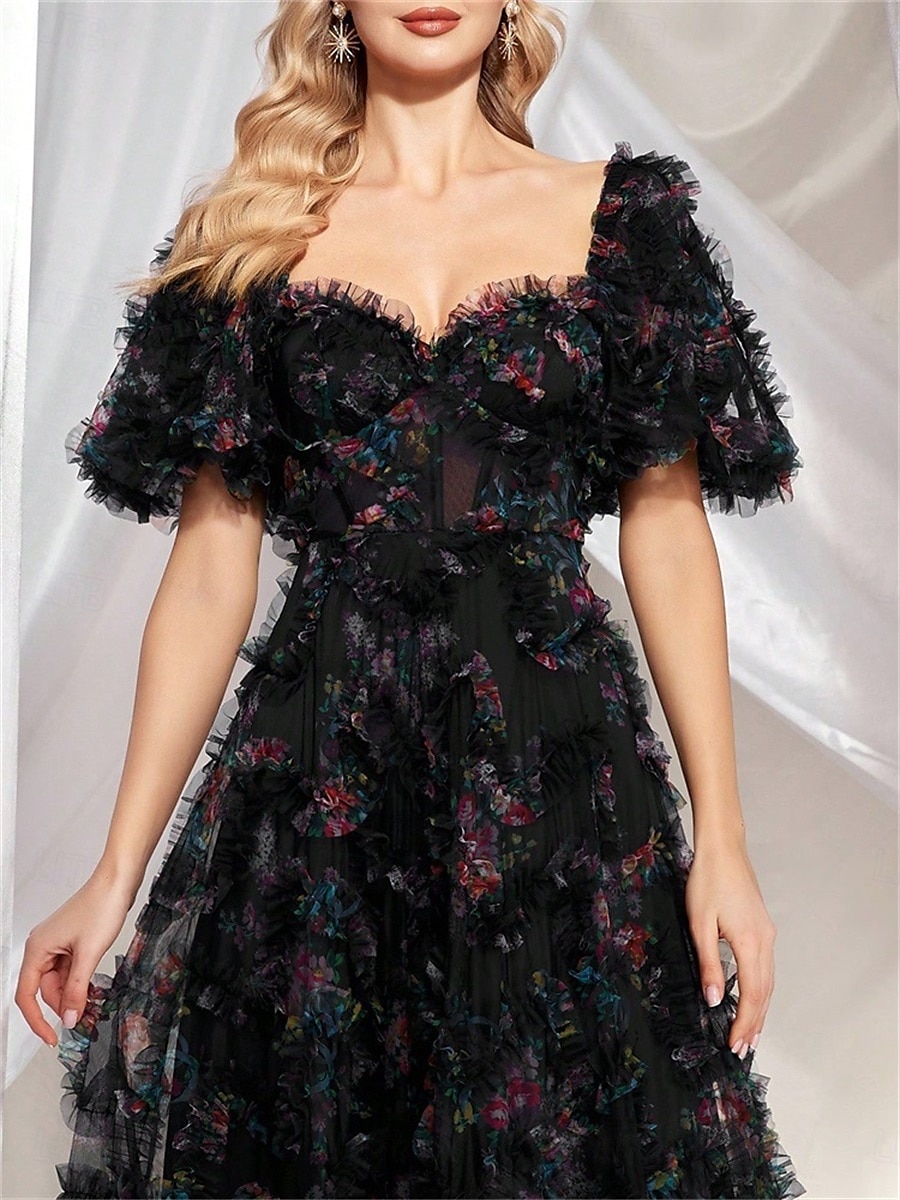 Rochii Invitată la Nuntă Rochie A-Line Corset Gât Îndulcit Mâneci Scurte cu Mâneci Burbă Lungime Podea Tulle cu Micro Volane 2025 - $189.99 –P15
