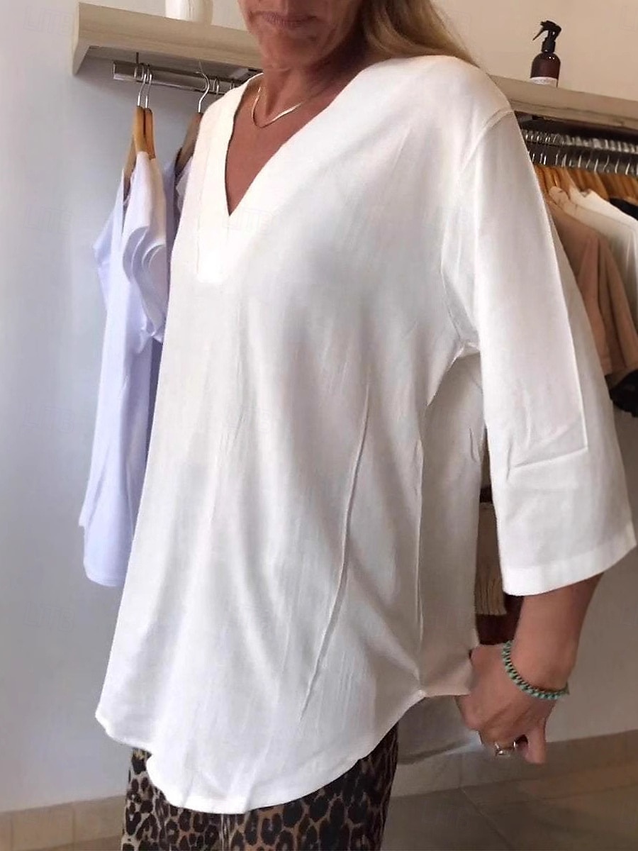 camicetta da donna in cotone e lino, tinta unita, elegante, casual, manica a 3/4, scollo a V, top normali, per tutti i giorni, per le vacanze, nera, bianca, beige, estate, primavera del 2025 a $25.99 –P2