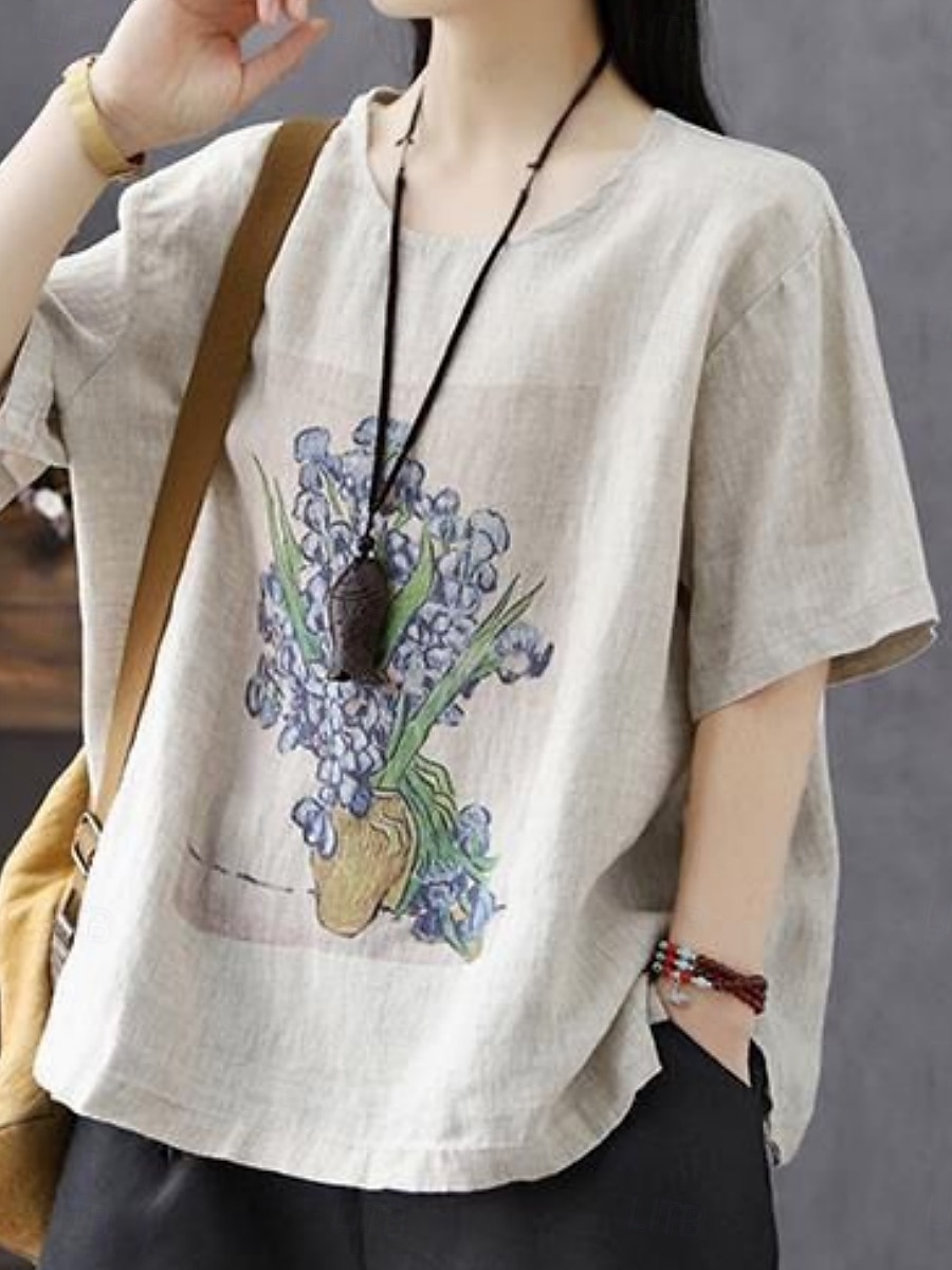 Dame Skjorte Blomstret Grafisk Grunnleggende Fritid Halvlange ermer Crew-hals Vanlige topper Daglig Trykt mønster Hvit Gul Beige Sommer 2025 - $14.99 –P1