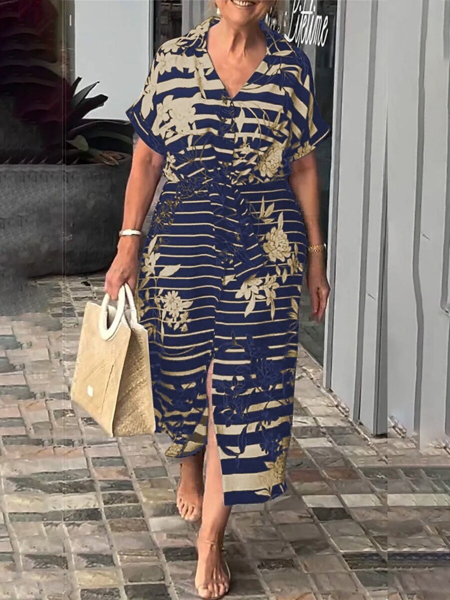 Femmes Robe maxi Robe trapèze Robe d'été Occasionnel Quotidien Coupe régulière Fleuri Graphique Rayé Manche Courte Col en V Noir Blanche Jaune bleu marine Été de 2025 ? $39.99 –P6