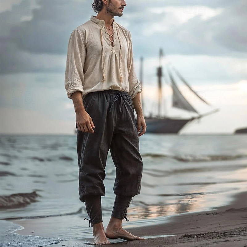 Per uomo Camicia Camicia di lino Stile vichingo Camicia Estiva Abbigliamento da spiaggia Camicia pirata Tinta unica Vacanza Streetwear Nero Blu marino Cachi Manica Lunga Collo alla coreana Estate del 2025 a $21.99 –P1