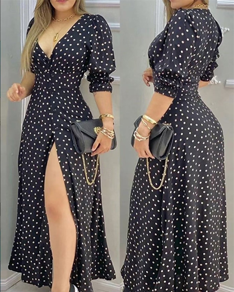 Femmes Robe Longue Maxi Robe Robe Décontractée Robe d'été Élégant Mode Extérieur Fête Date Coupe régulière À pois manche longue Col en V Noir Rouge Bleu Été Printemps de 2025 ? $30.99 –P1