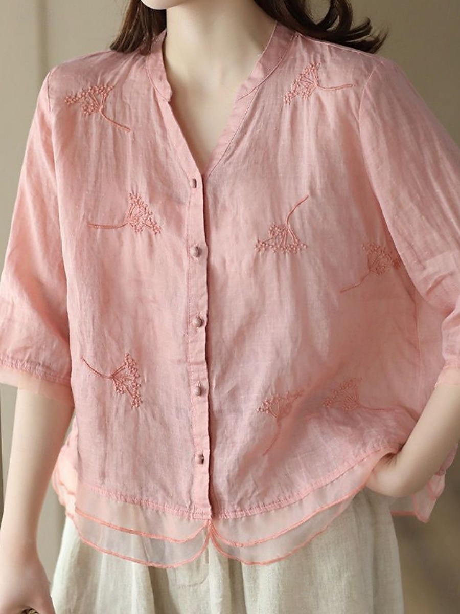 Women's Shirt Solid Color Basic Casual 3/4 Length Sleeve Shirt Collar Regular Tops Daily Mesh Patchwork Buttons White Yellow Pink Purple Summer 2025 - $22.99 –P2
