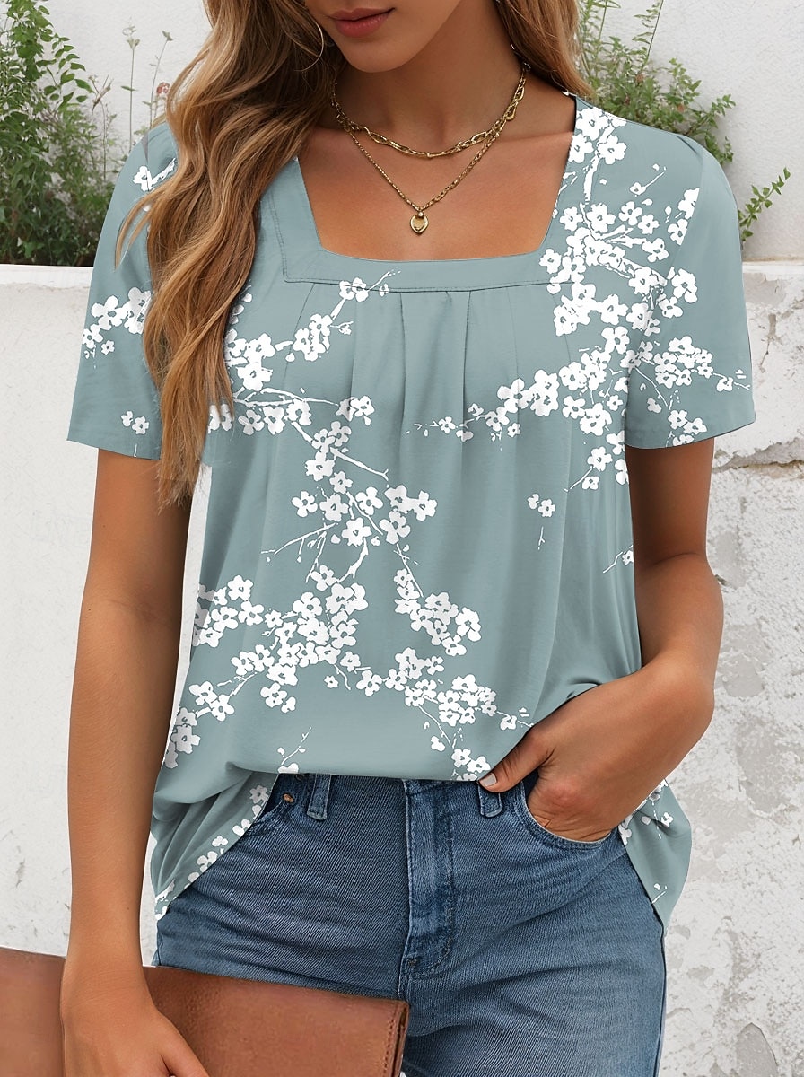 Femmes T-shirt Fleuri Graphique Élégant Classique Occasionnel Manche Courte Col carré Hauts Réguliers Quotidien Week-end Imprimé Rose Claire Bleu Vert Été de 2025 ? $27.99 –P1