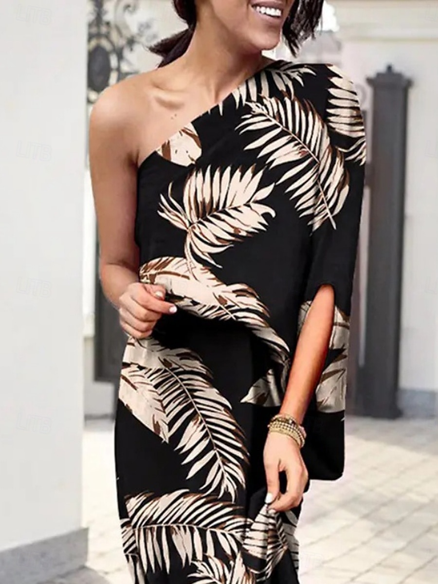 Dam Maxiklänning Off Shoulder Klänning Semester Ledigt Boho Utomhus Strand Lös passning Grafisk Löv 3/4 ärm Enaxlad Svart Vit Blå Kaki Sommar 2025 - $26.99 –P2