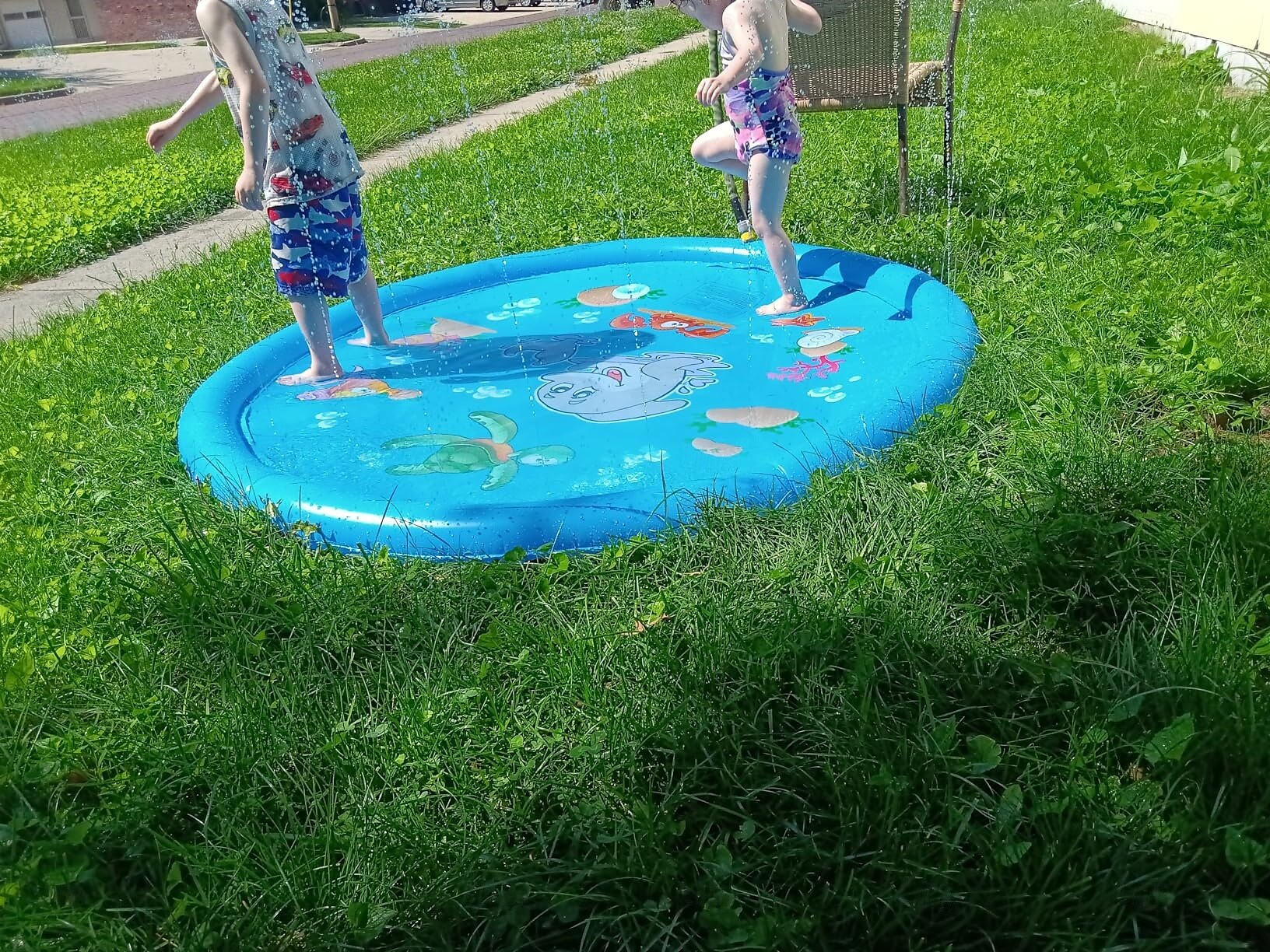 Tapis de jeu d'eau d'extérieur de 39 pouces, motif de vie marine multicolore, tapis anti-éclaboussures en PVC durable avec arroseur, antidérapant bleu &gonflable idéal pour les jouets aquatiques de 2025 ? $27.99 –P5