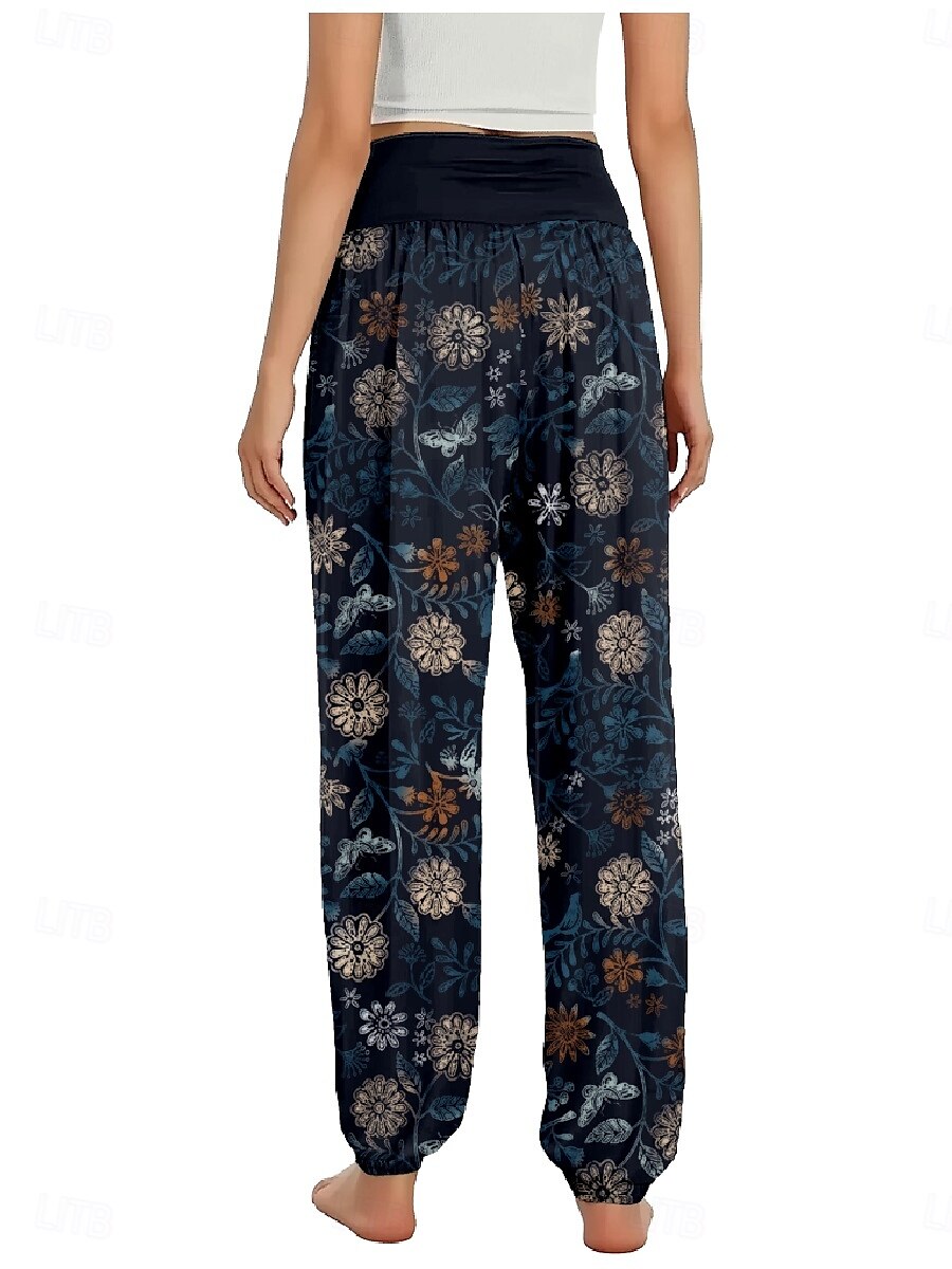Dam Linneinspirerade byxor Brett skaft Byxor Etnisk Stil Ledigt Boho Fullängd Hög midja Blommig Löv Tropisk Ficka Elastisk midja Tryck Mateial som andas Mjuk Microelastisk Utomhus Yoga Svart Mörklila 2025 - $21.99 –P8