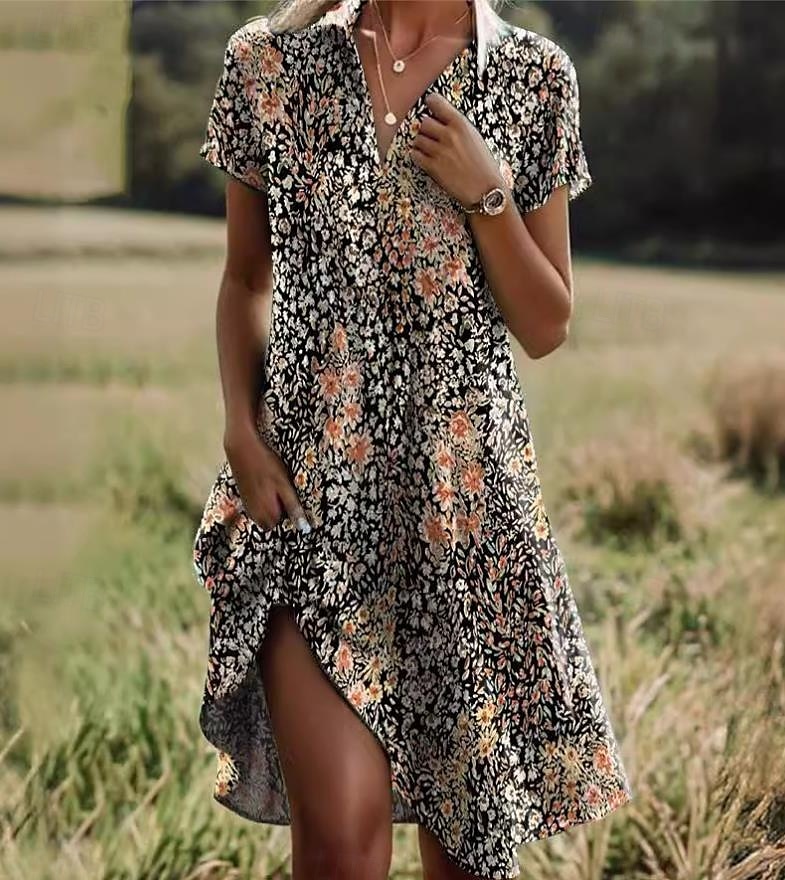 Damen Minikleid A Linie Kleid Sommerkleid Urlaub Lässig Boho Täglich Normale Passform Blumen Grafik Kurzarm Revers Dunkelbraun Rote Blau Grün Sommer 2025 - $26.99 –P5