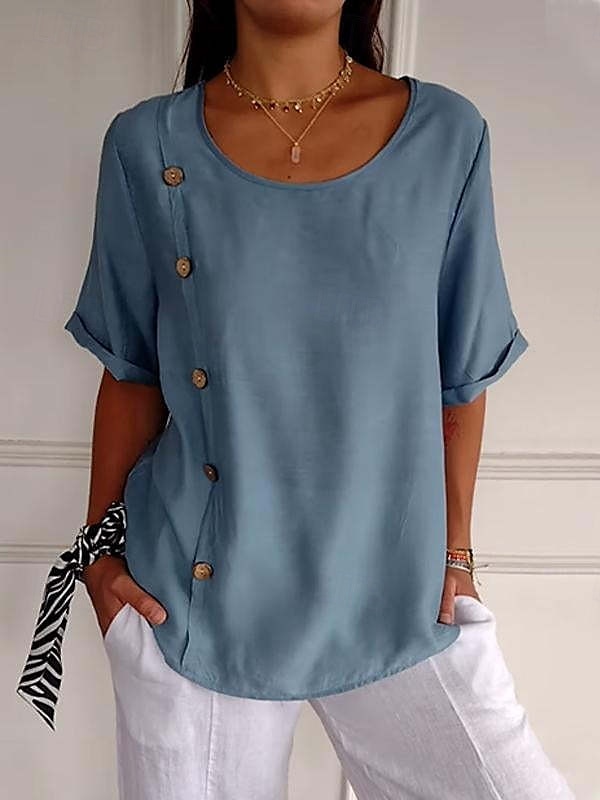 Femmes Chemises en coton et lin Uni Basique Manche Courte Col ras du cou Hauts Réguliers Quotidien Boutons Noir Blanche Vert Véronèse bleu marine Bleu Ciel Été de 2025 ? $16.99 –P7
